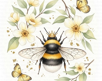 May include: Watercolor illustration of a bumblebee wearing a gold crown, surrounded by white flowers, green leaves, and two yellow butterflies. Gold glitter accents the design, creating a whimsical and elegant aesthetic.