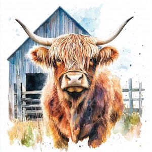 12 Rustic Highland Cow Clipart, Farm Barn Clipart, Countryside Clipart, Printable Watercolor Clipart, High Quality JPGs, Digital Download, Paper Craft, Junk Journals, Scrapbooking, Commercial Use, Instant Download - 05