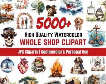 Pacote com mais de 450 imagens em aquarela, pacote completo para sua loja, mega pacote para toda a loja, JPGs de alta qualidade, download digital, uso comercial.
