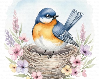 14 Floral Bird Clipart, Bluebirds and Blossom, Printable Watercolor Clipart, High Quality JPG, Digital Download, Junk Journal, Paper Craft