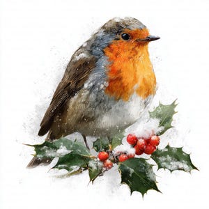 Op de afbeelding: Waterverfschilderij van een roodborstje met een helder oranje borst, grijze en bruine veren en een besneeuwd hoofd. De vogel zit op een takje hulst met rode bessen en groene bladeren, allemaal bedekt met sneeuw.