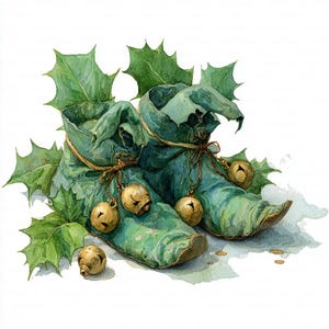May include: A watercolour illustration depicts two green elf boots with pointed toes, each decorated with gold bells and tied with brown twine. The boots are framed by holly leaves with spiky edges, creating a festive holiday theme. The background is white.