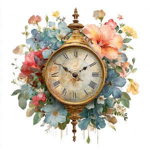 Puede incluir: Un reloj de estilo vintage con marco dorado y números romanos, rodeado de un colorido arreglo floral. Las flores son rojas, rosas, azules y amarillas, creando un diseño decorativo y artístico.