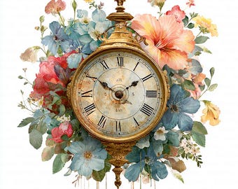 10 Vintage Blumen Uhr Clipart, antike Uhr, druckbare Aquarell Clipart, hochwertige JPGs, digitaler Download, Papiermodelle