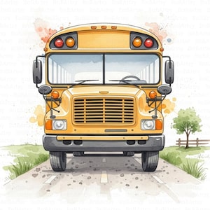 10 School Bus Clipart, Back to School Clipart, Printable Watercolor Clipart, High Quality JPG, Digital Download, Junk Journals, Papercraft