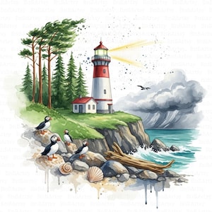14 Seaside Lighthouse Clipart, Coastal Clipart, Printable Watercolor Clipart, High Quality JPGs, Digital Download, Junk Journals, Papercraft