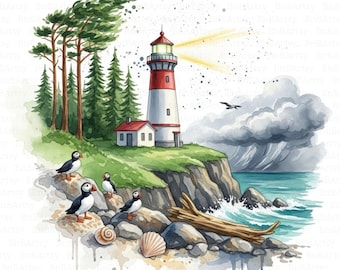 14 Seaside Lighthouse Clipart, Coastal Clipart, Printable Watercolor Clipart, High Quality JPGs, Digital Download, Junk Journals, Papercraft