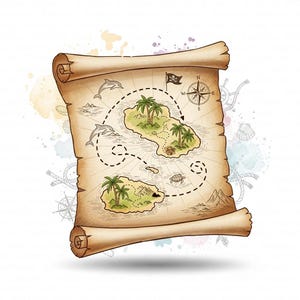 May include: A vintage-style treasure map illustration on aged parchment. The map features islands with palm trees, a compass, a pirate flag, and a dotted path. Dolphins and a treasure chest are also depicted. The map is rolled at the top and bottom.