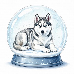 Könnte beinhalten: Aquarellillustration eines Siberian Husky-Welpen in einer Schneekugel. Der Hund hat blaue Augen, schwarz-weißes Fell und liegt. Die Schneekugel ist klar mit Schneeflocken und steht auf einem blauen Sockel.