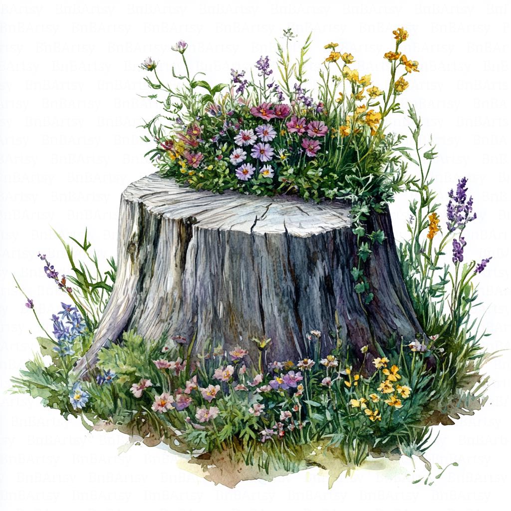 Tree Stump Printable Color 12 Wildflower Tree Stump Clipart, Rustic Stump, Printable Watercolor ...