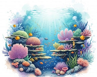 Coral Reef Clipart, Printable Watercolor Marine Life (Digital Download, Commercial Use JPGs)