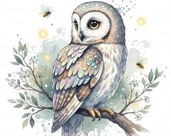Enchanted Owl Clipart, Watercolor Fantasy Bird (Digital Download, Commercial Use JPGs)