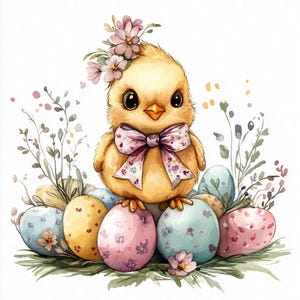 Könnte beinhalten: Aquarellillustration eines gelben Küken mit Blumenkrone und rosa Schleife. Das Küken ist von bunten Ostereiern mit floralen Mustern und Grün umgeben, was eine festliche Frühlingsszene schafft.