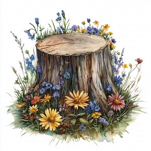 May include: Watercolor illustration of a tree stump surrounded by colorful wildflowers. The stump is brown with visible wood grain, and the flowers include yellow, blue, and pink blooms, creating a vibrant, natural scene.