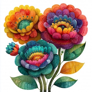 Puede incluir: Una vibrante ilustración de tres grandes flores estilizadas en plena floración. Las flores presentan patrones intrincados y una rica paleta de colores, incluyendo amarillo, naranja, azul, rosa y morado. Hojas y tallos verdes completan el arreglo floral.