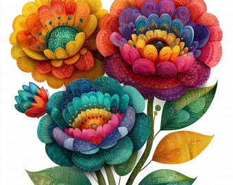 11 Abstrakte Blumen Clipart, lebendige bunte Blumen Folk Art, druckbare Aquarell Clipart, hochwertige JPGs, digitaler Download, Papierhandwerk