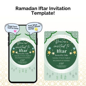 May include: Green and white Ramadan Iftar invitation template with a gold star design. The text reads "You're invited to Iftar hosted by Talia Saturday, 15 March, Maghreb 78 LONDON ST SYDNEY RSVP by 10th March to 95 987 333 23"