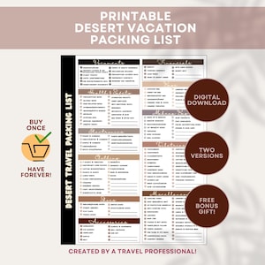 May include: A printable desert vacation packing list featuring categorised sections for documents, financials, health, electronics, clothing, shoes, accessories, makeup, toiletries, and miscellaneous items with checkboxes for each travel essential.