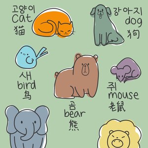 Póster de animales chinos coreanos / Educativo / Colorido / Para bebés, niños pequeños y niños / 13" x 9"