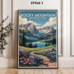 Póster de viaje del Parque Nacional de las Montañas Rocosas, arte paisajístico natural, póster de las Montañas Rocosas, arte de viaje imprimible, decoración de pared, regalo de senderismo