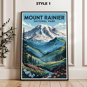 Affiche de voyage du parc national du mont Rainier, art du paysage naturel, affiche du mont Rainier, affiche vintage, art du voyage à imprimer, cadeau de randonnée