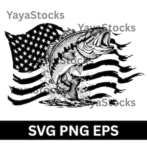 May include: Black and white illustration of a largemouth bass leaping from water, set against a stylized American flag background. The fish is detailed with scales and fins. The image includes the text "SVG PNG EPS".