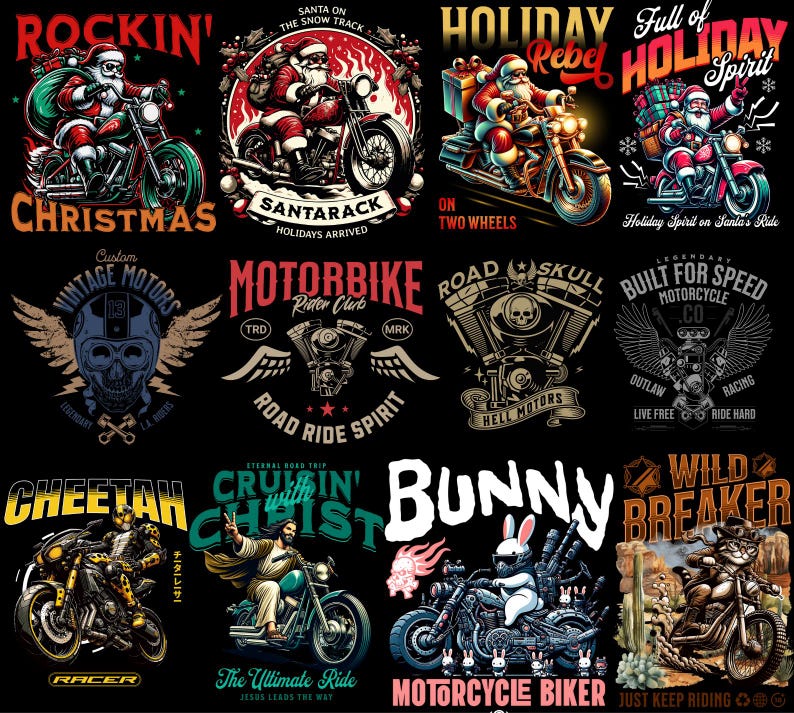 Motorcycle streetwear t-shirt design bundle with 500+ high-resolution PNG files. Includes biker skull graphics, racing typography, vintage chopper art, cafe racer illustrations, and urban streetwear style. Perfect for print-on-demand, t-shirt printing, hoodies, posters, and biker merchandise. Compatible with Printful, Printify, Teespring, and all major POD platforms. Bold, edgy, and commercial use ready, motocross