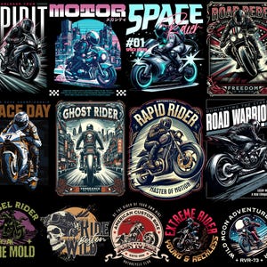 Motorcycle streetwear t-shirt design bundle with 500+ high-resolution PNG files. Includes biker skull graphics, racing typography, vintage chopper art, cafe racer illustrations, and urban streetwear style. Perfect for print-on-demand, t-shirt printing, hoodies, posters, and biker merchandise. Compatible with Printful, Printify, Teespring, and all major POD platforms. Bold, edgy, and commercial use ready, motocross