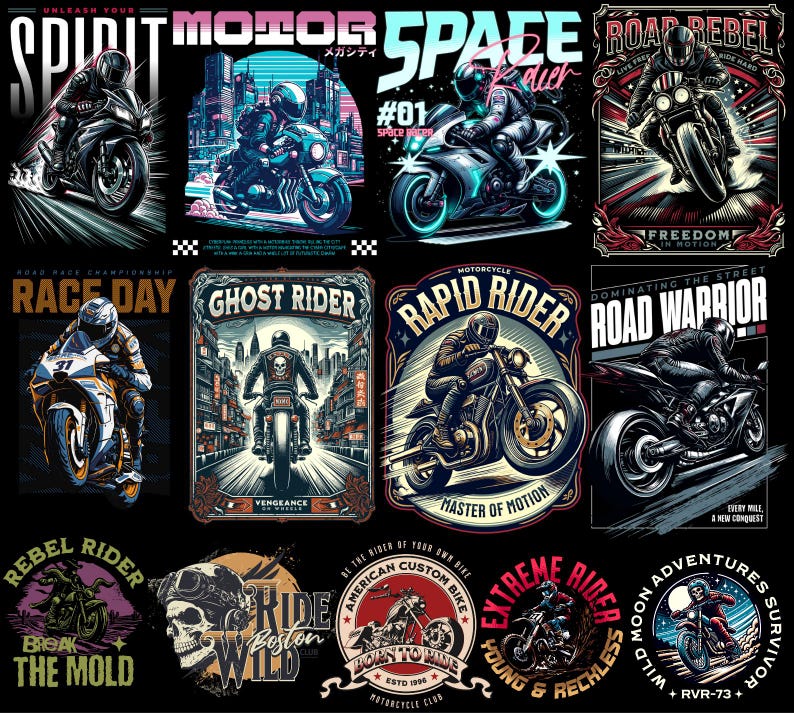 Motorcycle streetwear t-shirt design bundle with 500+ high-resolution PNG files. Includes biker skull graphics, racing typography, vintage chopper art, cafe racer illustrations, and urban streetwear style. Perfect for print-on-demand, t-shirt printing, hoodies, posters, and biker merchandise. Compatible with Printful, Printify, Teespring, and all major POD platforms. Bold, edgy, and commercial use ready, motocross