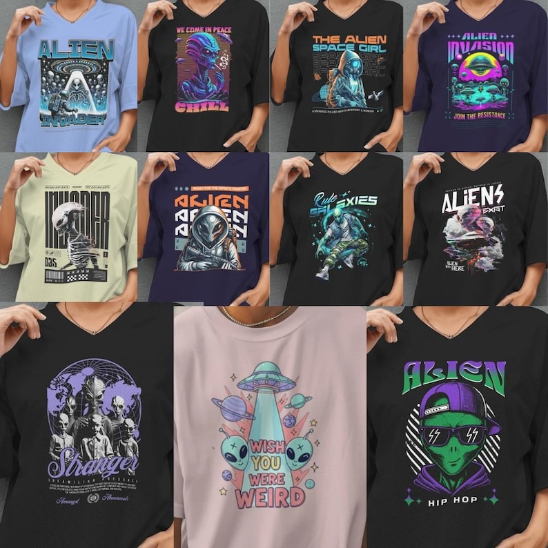 alien png, alien t-shirt design, ufo clipart, extraterrestrial art, sci-fi png bundle, space creature design, alien illustration, hd png files, sublimation alien, printable alien art, ufo tshirt graphics, sci-fi clipart set, etsy alien designs