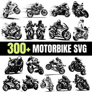 Może przedstawiać: Czarno-białe ilustracje różnych motocykli w akcji. Obraz zawiera wiele przedstawień motocykli z kierowcami, prezentujących różne style i kąty jazdy. Tekst "300+ MOTORBIKE SVG" znajduje się na dole.