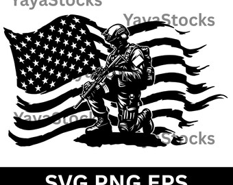 Kneeling Soldier American Flag Svg & PNG Files, Patriotic Clipart Vector Image, 4th of July Shirt Design, Fallen Soldier Military Veteran