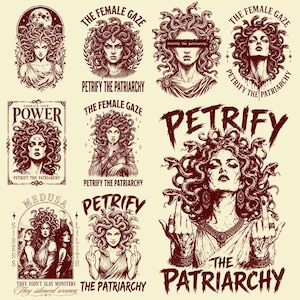 Könnte beinhalten: Eine Sammlung von Illustrationen mit Medusa, mit Texten wie "Petrify the Patriarchy", "The Female Gaze" und "Embrace Your Power". Die Bilder sind in Brauntönen gehalten und zeigen Medusa mit Schlangen als Haare.