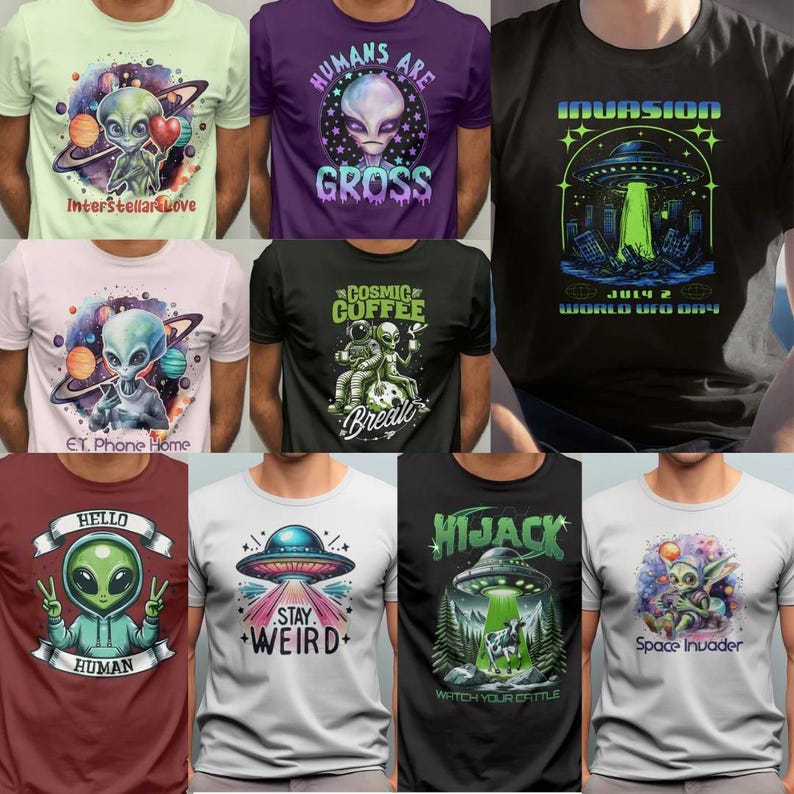 alien png, alien t-shirt design, ufo clipart, extraterrestrial art, sci-fi png bundle, space creature design, alien illustration, hd png files, sublimation alien, printable alien art, ufo tshirt graphics, sci-fi clipart set, etsy alien designs