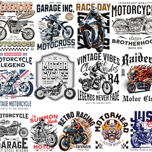 Motorcycle streetwear t-shirt design bundle with 500+ high-resolution PNG files. Includes biker skull graphics, racing typography, vintage chopper art, cafe racer illustrations, and urban streetwear style. Perfect for print-on-demand, t-shirt printing, hoodies, posters, and biker merchandise. Compatible with Printful, Printify, Teespring, and all major POD platforms. Bold, edgy, and commercial use ready, motocross