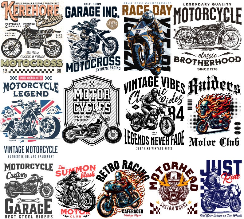 Motorcycle streetwear t-shirt design bundle with 500+ high-resolution PNG files. Includes biker skull graphics, racing typography, vintage chopper art, cafe racer illustrations, and urban streetwear style. Perfect for print-on-demand, t-shirt printing, hoodies, posters, and biker merchandise. Compatible with Printful, Printify, Teespring, and all major POD platforms. Bold, edgy, and commercial use ready, motocross