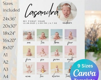 Modèle d'affiche modifiable pour la première année de bébé, affiche de la première année de bébé, panneau de croissance pour le 1er anniversaire de bébé, panneau de collage photo pour le 1er anniversaire