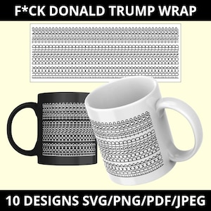 Könnte beinhalten: Ein schwarzer Becher und ein weißer Becher mit einem sich wiederholenden horizontalen Muster aus geometrischen Formen und dem Text F*CK DONALD TRUMP. Über den Bechern befindet sich eine rechteckige Grafik mit demselben schwarz-weißen Design.