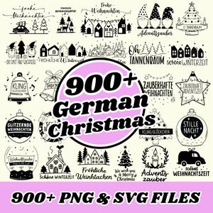 May include: A collection of black and white Christmas-themed digital illustrations featuring gnomes, houses, trees, bells, and ornaments with German text. A large central pink circle displays the text 900+ German Christmas and 900+ PNG & SVG FILES.