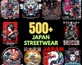 Paquete de más de 500 imágenes PNG de diseños de camisetas japonesas / Samuráis, peces koi, geishas, sumo, katanas / Imágenes prediseñadas de ropa urbana de la cultura japonesa para impresión bajo demanda.