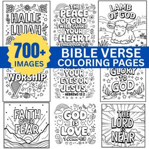Puede incluir: Una colección de páginas para colorear con versículos bíblicos en blanco y negro. Las páginas presentan varias citas e ilustraciones inspiradoras, incluyendo un cordero, notas musicales y diseños florales. La imagen también incluye el texto "700+ IMAGES BIBLE VERSE COLORING PAGES".