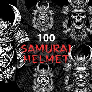 May include: A collection of black and white illustrations featuring various samurai helmets worn by a gorilla, a skull, a panda, and other figures, with the text 100 SAMURAI HELMET displayed in white and red lettering across the center of the image.
