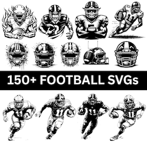 Puede incluir: Ilustraciones en blanco y negro de jugadores de fútbol americano, cascos y balones. La imagen incluye el texto "150+ FOOTBALL SVGs" en blanco, ideal para proyectos de diseño digital y manualidades. Las ilustraciones son detalladas y dinámicas.