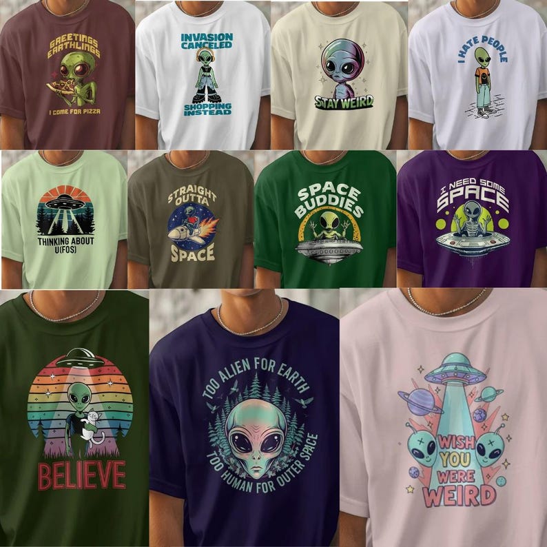 alien png, alien t-shirt design, ufo clipart, extraterrestrial art, sci-fi png bundle, space creature design, alien illustration, hd png files, sublimation alien, printable alien art, ufo tshirt graphics, sci-fi clipart set, etsy alien designs