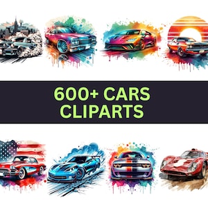 May include: A collection of watercolor-style car cliparts. The image features various car illustrations, including classic and modern models, with vibrant colors and artistic effects. The text "600+ CARS CLIPARTS" is displayed prominently.