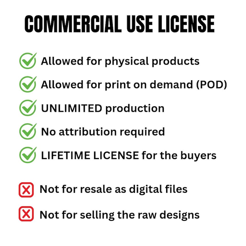 May include: A white background with the text "COMMERCIAL USE LICENSE" in bold black letters. The text is followed by a list of terms, including "Allowed for physical products" and "LIFETIME LICENSE for the buyers."