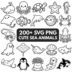 Pode incluir: Uma coleção de ilustrações em preto e branco de traço fino apresentando vários animais marinhos, incluindo uma baleia, polvo, tartaruga, estrela-do-mar, cavalo-marinho, arraia, peixe, golfinho, peixe-balão, caranguejo, camarão e pinguim.