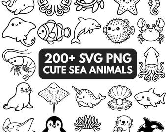 Cute Sea Animals SVG PNG Bundle 200+ Files, Ocean Creatures SVG, Marine Life Clipart, Black Outline Icons, Cricut Silhouette Files