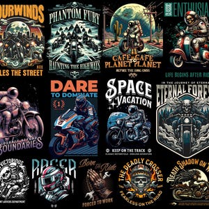 Motorcycle streetwear t-shirt design bundle with 500+ high-resolution PNG files. Includes biker skull graphics, racing typography, vintage chopper art, cafe racer illustrations, and urban streetwear style. Perfect for print-on-demand, t-shirt printing, hoodies, posters, and biker merchandise. Compatible with Printful, Printify, Teespring, and all major POD platforms. Bold, edgy, and commercial use ready, motocross