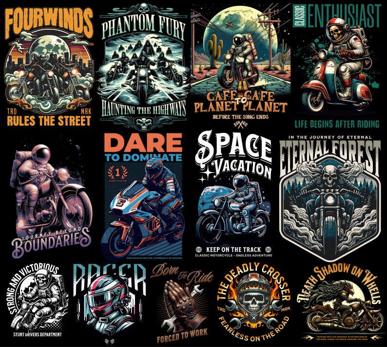 Motorcycle streetwear t-shirt design bundle with 500+ high-resolution PNG files. Includes biker skull graphics, racing typography, vintage chopper art, cafe racer illustrations, and urban streetwear style. Perfect for print-on-demand, t-shirt printing, hoodies, posters, and biker merchandise. Compatible with Printful, Printify, Teespring, and all major POD platforms. Bold, edgy, and commercial use ready, motocross